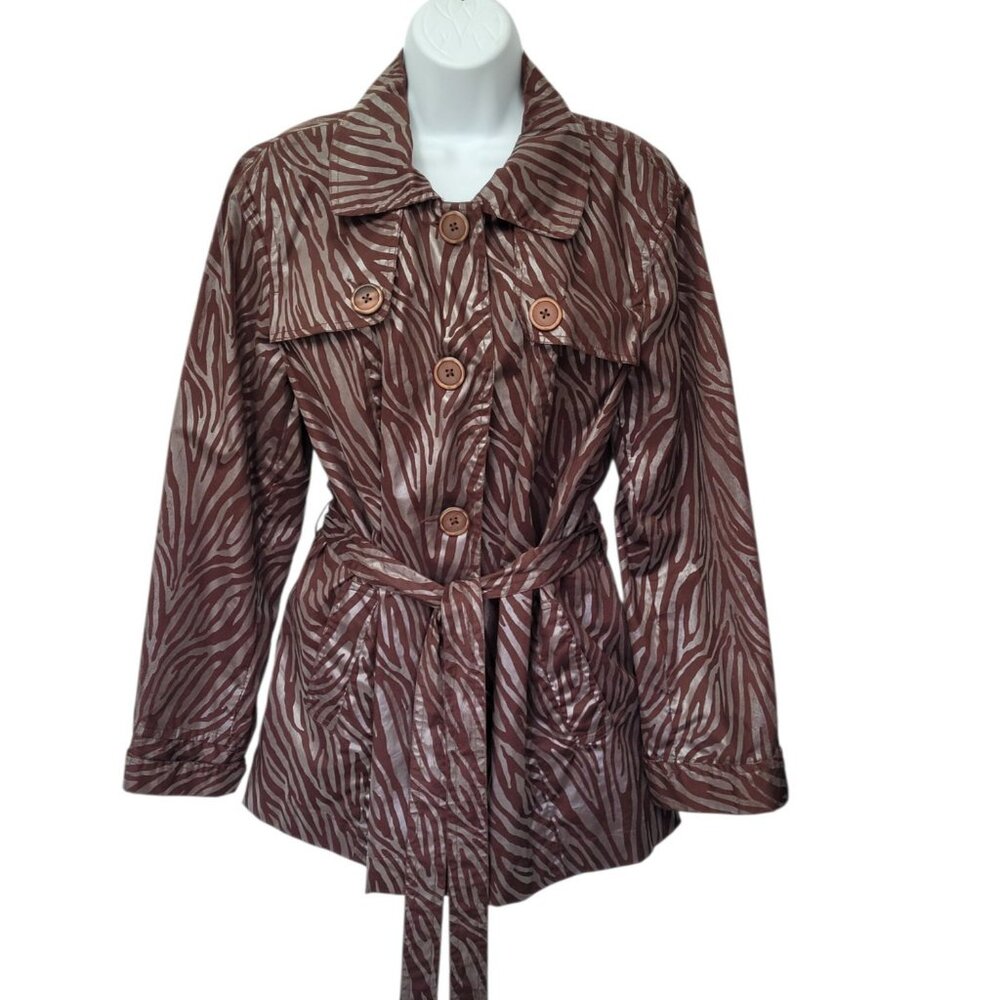 Zoe D Trench Coat Jacket Brown Long‎ Sleeve Button Up Lined Outerwear Coat Zebra